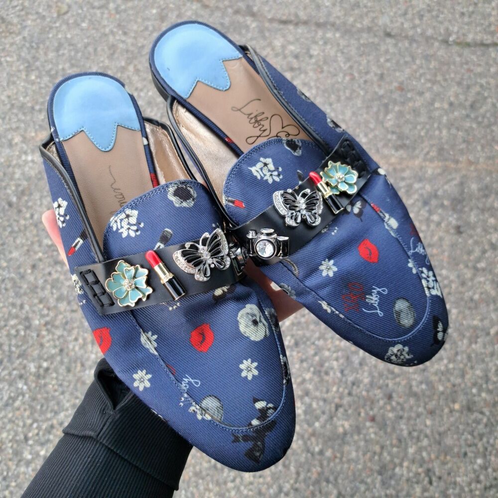 Libby Edelman Size 9.5 Denim Blue Mules Slip On Butterfly Lipstick Floral Shoes